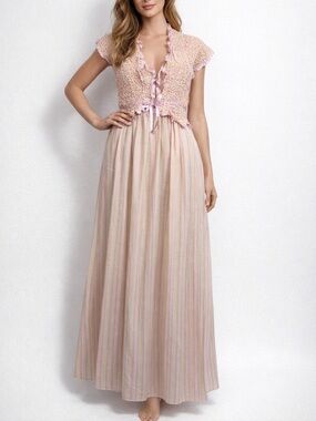 Stan Herman Stripe Smocked Nightgown Matching Top Ruffle Trim Cottagecore XS